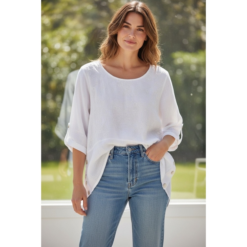 Lungo‎ L'Arno White 100% Linen Floral Embroidered Blouse Made in Italy LX275 M